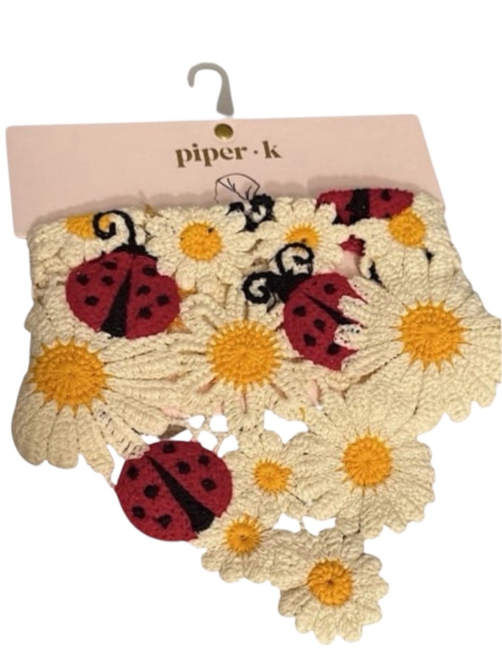 NWT Piper K Crocheted Daisy Bandana Scarf with Ladybug Appliqués